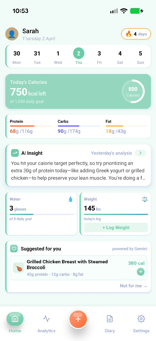 AteAI home screen showing calorie tracking dashboard